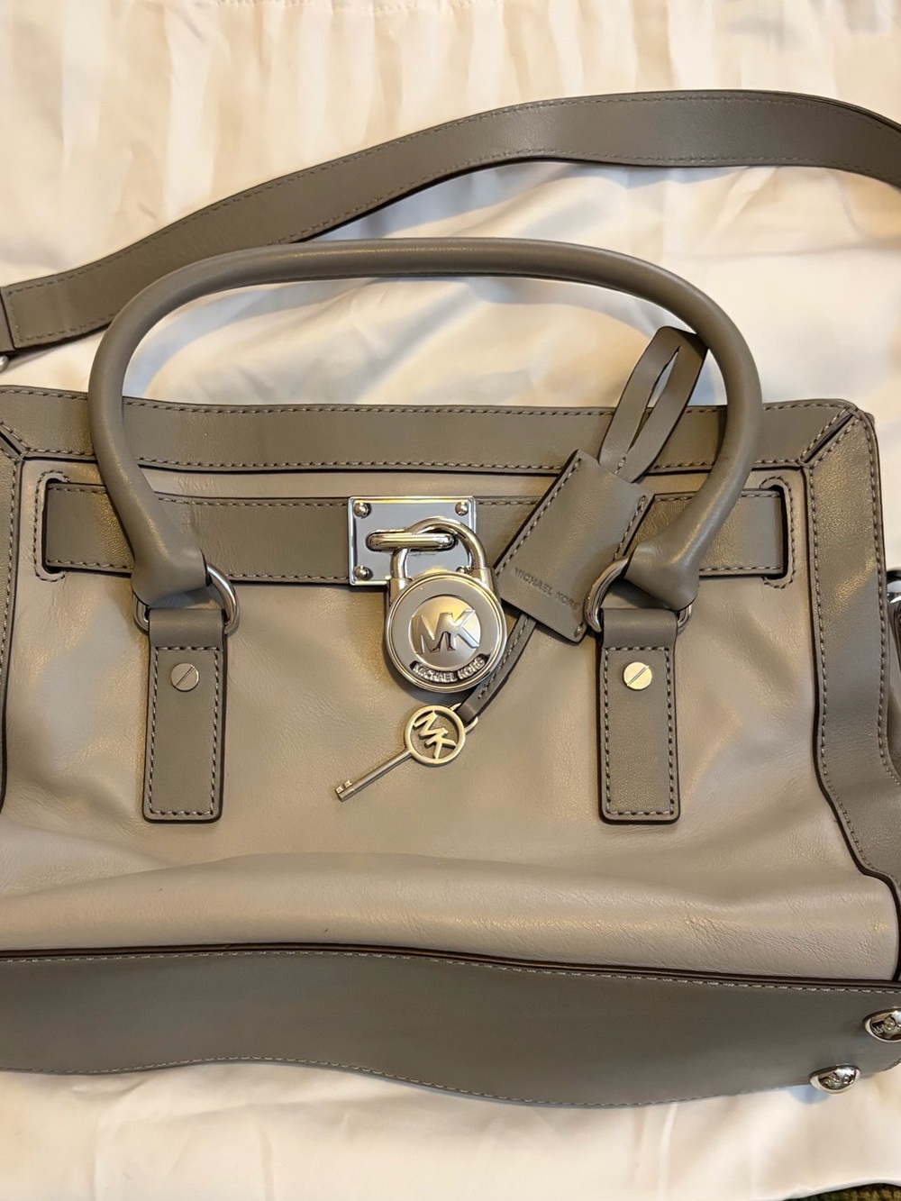 Michael Kors Taupe Gray Leather Satchel with Signature MK Lock